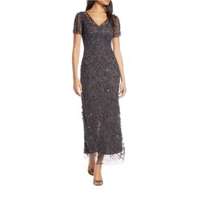 Pisarro Nights Beaded Mesh Column Cocktail Gown in Slate Size 6 NWT